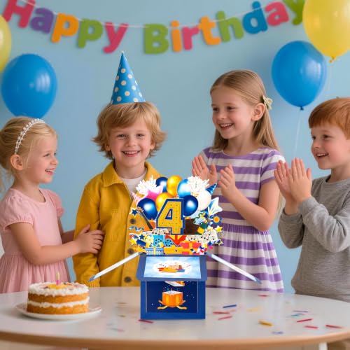 GREETING ART Happy 4th Birthday Pop Up Card,Funny Guitar Ballons Box Themed - color: 4th