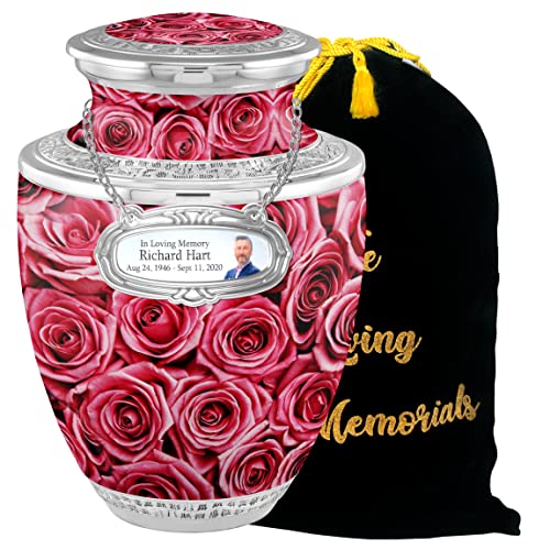 Personalized Medallion Blooming Roses Cremation Urns for Adults - 200lbs Burial Urns - Handcrafted Funeral Decorative Urns for Male and Female with Velvet Bag - color: Blooming Roses Free Personalized Medallion