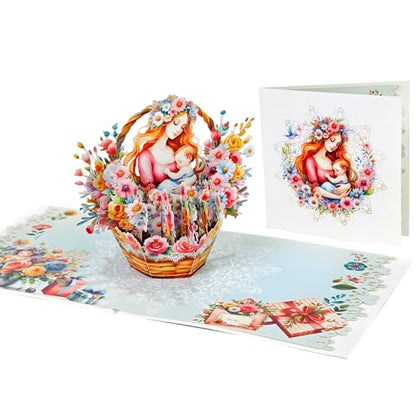 iGifts And Cards Mother & Baby Floral Basket 3D Pop-Up Card 6" x 6" | Eternal Nurture, Watercolor Art, First Mother's Day, Baby Shower, Congratulations, Grandmother, New Parent, Keepsake Memento - color: Mother and Baby