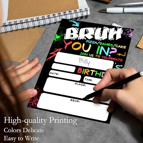 Boy Games Birthday Invitations for Boys Party Invites with Envelopes 20 - color: Neon Bruh You In