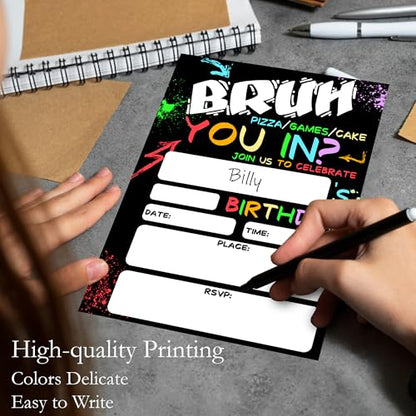 Boy Games Birthday Invitations for Boys Party Invites with Envelopes 20 - color: Neon Bruh You In