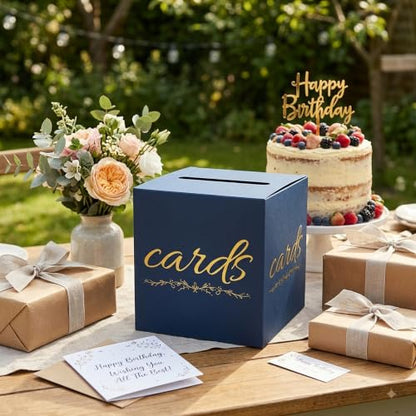 Navy Blue and Gold Card Box for Party Graduation Baby Bridal Shower Birthday Funeral 7.8 x 7.8 x 7.8 In Gift Card Holder Wedding Card Boxes for Reception Raffle Voting Ballot Box with Slot - color: BlueGoldF