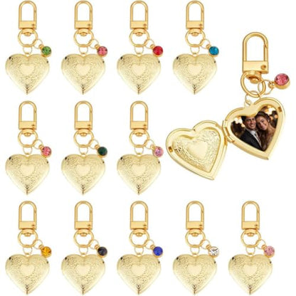 PH PandaHall 12 sets 18k Gold Plated Heart Locket Charms Gold Heart Pendants Memorial Charms Photo Locket Keychain Bag Charm with Birth Stones for Birthday Anniversary, Pendant: 1.2 Inch