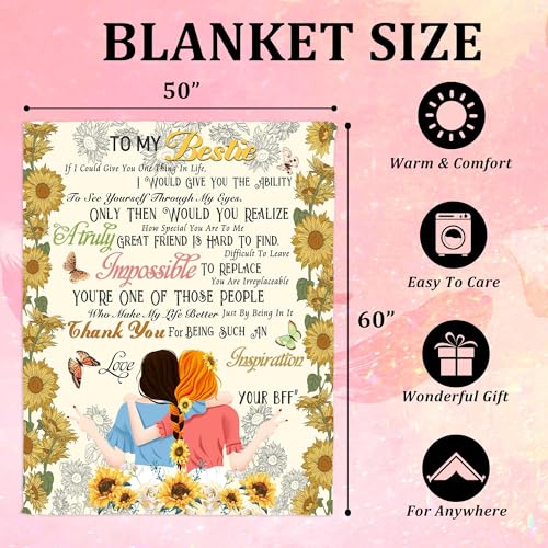 to My Bestie Throw Blanket, Sunflower Girl Silhouette with Heartfelt Quote, Soft Flannel Blanket, Birthday, Mother's Day, Christmas & Friendship Day 50x60 Inch - color: Friend-3