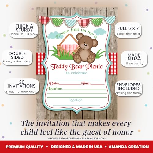 Teddy Bear Picnic Birthday Party Invitations, 20 5x7 Fill In Cards with Twenty White Envelopes by AmandaCreation - style: Teddy Bear Picnic