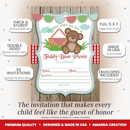 Teddy Bear Picnic Birthday Party Invitations, 20 5x7 Fill In Cards with Twenty White Envelopes by AmandaCreation - style: Teddy Bear Picnic