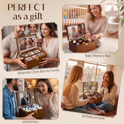 Junkin Large Wooden Keepsake Box with Lock & Photo Frame Lid Customizable Dividers Elegant Wedding Treasure Box for Photos, Letters, Time Capsules, Bride Gift, Decorative Storage