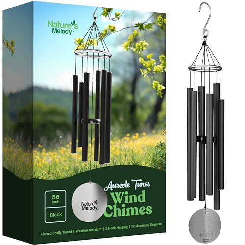 Nature’s Melody Aureole Tunes Wind Chimes – Outdoor Windchime with 6 Tubes Tuned to C Pentatonic Scale, 100% Rustproof Aluminum, Powder Finish & S Hook Hanger for Sympathy, Memorial Gift or Zen Garden - color: Black, size: 56"