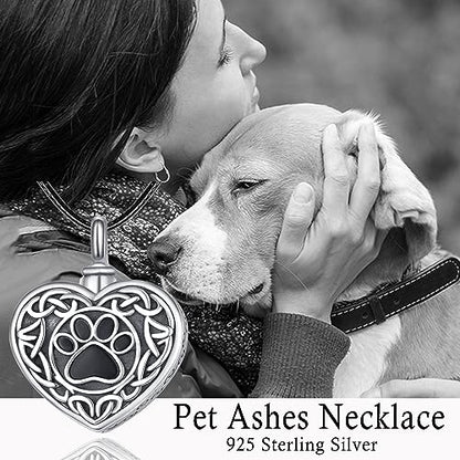 Dreamboat Pet Urn Necklace for Dog Cat Ashes 925 Sterling Silver Paw Print Cremation Keepsake Pendant Celtic Knot Memorial Jewelry Gifts for Women Men - style: 03A-Heart (Silver)