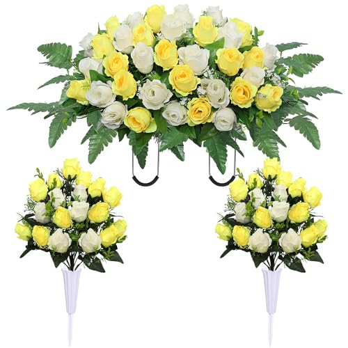 Lodou 3 Pcs Artificial Cemetery Flower Saddles, Rose Headstone Flower Saddle,Cemetery Memorial Flowers with Vase for Outdoor Grave Tombstone Decorations ﻿ (Yellow White) - color: Yellow White