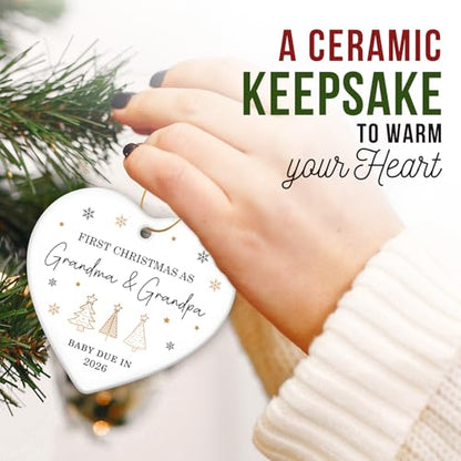 ZAGKOO First Christmas as Grandma and Grandpa Ornament 2025 - Baby Due in 2026 Ornament - New Grandparents Promoted to Grandparents Pregnancy Announcement Ceramic Heart Ornaments - color: Grandparents 2
