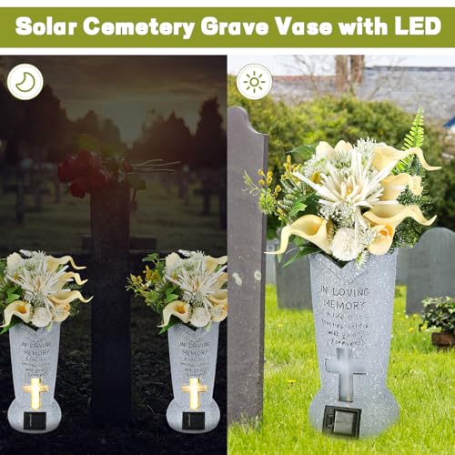 DoubleFill 2 Pcs Solar LED Cemetery Grave Vase with Spike,Cylinder | Weatherproof Resin Headstones Flower Vases, Auto Dusk LED Cross Light, Spike Ground Mount, Loss Loved Tribute, Garden Decor - style: Cylinder