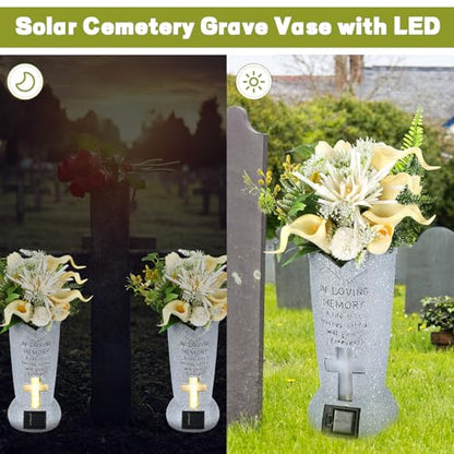 DoubleFill 2 Pcs Solar LED Cemetery Grave Vase with Spike,Cylinder | Weatherproof Resin Headstones Flower Vases, Auto Dusk LED Cross Light, Spike Ground Mount, Loss Loved Tribute, Garden Decor - style: Cylinder