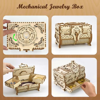 DIY Wooden Music Box Kit 3D Wooden Puzzle for Adults, Mechanical Model Antique Treasure Jewelry Box, Build Your Own Home Decoration Mother's Day Birthday Gift for Women Her