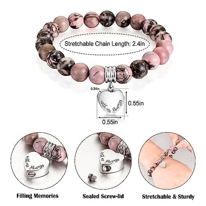 XIUDA Heart Cremation Memorial Urn Bracelet 316L Stainless Steel Keepsake Jewelry Urn Bracelet for Ashes for Women-With Me Always - style: Rhodochrosite