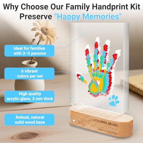 Family Handprint Kit - DIY Baby Hand and Footprint Keepsake - with Solid Wood Base, 5 Acrylic Plates & 6 Paints - Unique Keepsake For New Parents, Grandparents, Baby Shower & Pets