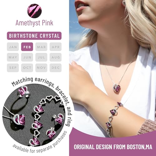 Leafael Gift Necklaces for Women, Infinity Love Birthstone Heart Crystal Pendant, Birthday Anniversary Jewelry for Wife, Mom, and Her, Silver Plated, 18" + 2" Adjustable Chain - color: 02a-February-Amethyst Pink