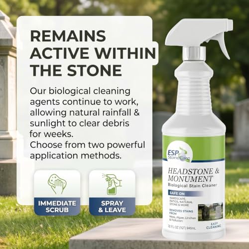 Headstone Cleaner Kit for Grave Cleaning - 1 Quart Spray Solution - Includes Drill Brushes - Ideal for Cleaning Headstones, Tombstones, and Memorials