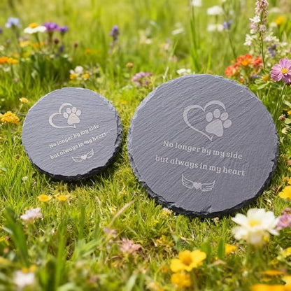 Dog Cat Memorial Stone Round 4” with Paw Print, “No Longer By My Side But Always in My Heart” Engraved Pet Grave Marker, Outdoor Garden Memorial Rock, Pet Loss Sympathy Gift - size: Small-4 inch