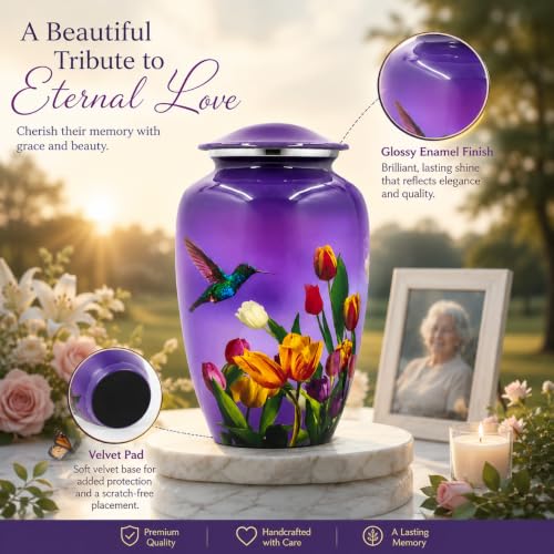 BOLD & DIVINE Purple Hummingbird Cremation Urn | Human Ashes Adult Memorial urn, Burial, Funeral Cremation Urns | 200 Cubic Inches (Large Adult) - size: Large