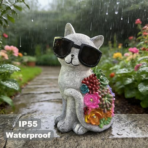Solar Cat Garden Decor Statues with Succulent LED Lights and Sunglasses | Cat Figurines Gifts for Women Mom Grandma ，Outdoor Garden Decoration for Patio Yard Lawn - style: French