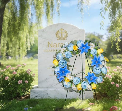 Artificial Cemetery Wreath for Grave, 24" Blue Memorial FWreath with 30" Easeal Stand, Peony Lily Rose Daisy for Gravesites Decoration
