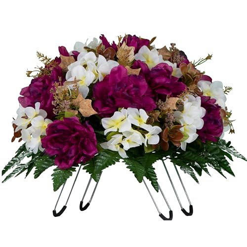 Artificial Cemetery Flowers - Grave Decoration - Fall Arrangement - 30" Long Plum Peony and White Hydrangea Saddle for Loved One's Headstone - size: Saddle