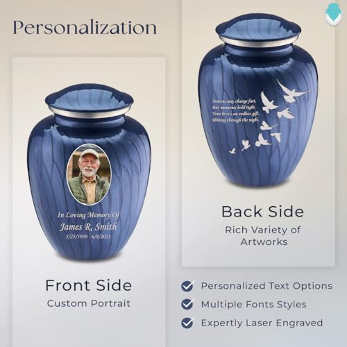 Embrace Adult Personalized Doves Cremation Urns for Human Ashes I Large Picture Pearl Cobalt Blue Funeral Urn for Adult Men and Women with Double Side Engraving I 200 lbs - color: _Pearl Cobalt Blue (Double Sided)