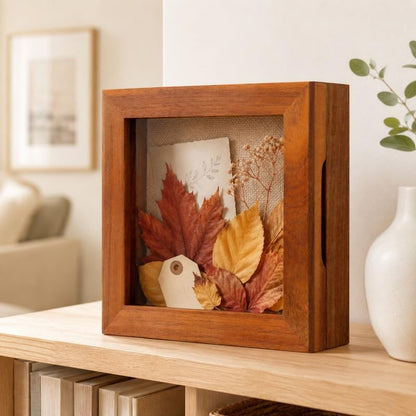 6x6 Small Shadow Box Frame, Acacia Wood Keepsake Display Case, Brown | Solid acacia wood, clear acrylic front, linen pin board, mini display case for photos, pins, coins, flowers and keepsakes - size: 6x6