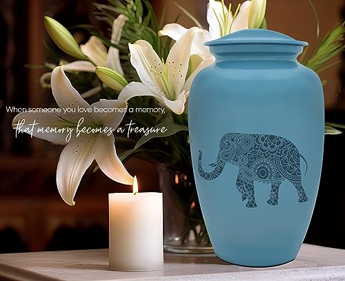 Indian Elephant Cremation Urn for Human Ashes - Handmade Cremation Urn - Adult Burial Urn - Blue Urn with Spiritual Design - Comes with Bag - color: Indian Elephant, size: 1 Large Urn