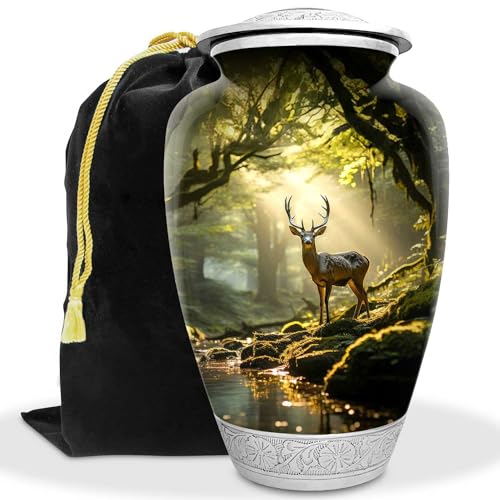 Deer Forest Urn for Human Ashes | Large Handcrafted Funeral Memorial | Decorative Cremation Urn for Women and Men - color: Forest, size: Large