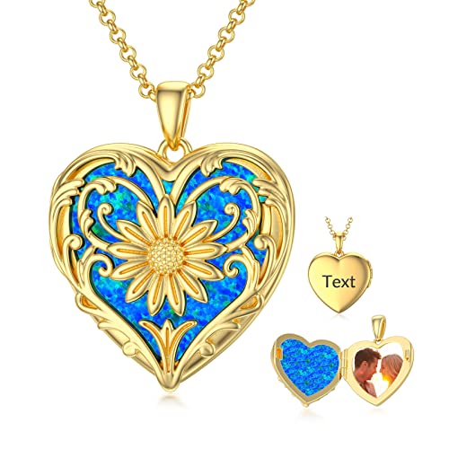 SOULMEET 10K 14K 18K Solid Gold Personalized Sunflower/Starburst/Cross/Rose/Lotus/Butterfly/Turtle/Celtic/Bee Heart Locket Necklace That Holds Picture Gift Choice - style: A2-Blue opal gold locket+photo+text