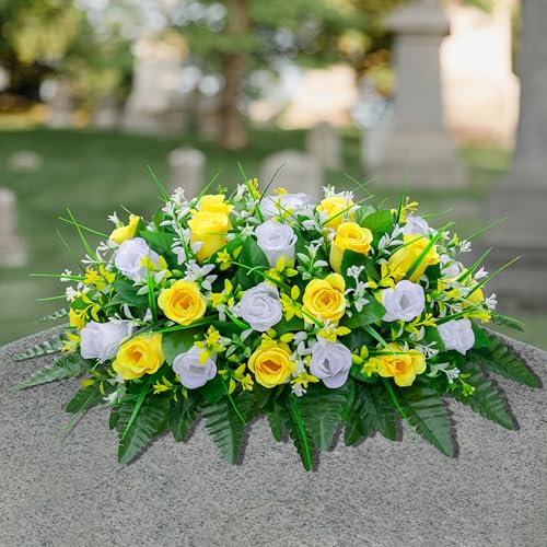 LVXINLI Artificial Cemetery Flowers Saddle-Shaped Tombstone Decorations Non-Fading UV-Resistant（Yellow and White Saddle ） - color: Yellow and White Saddle