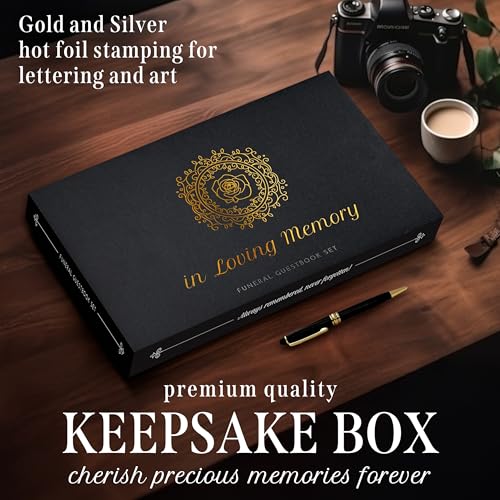 Funeral Guest Book – Black Memorial Guest Book for Funeral, “in Loving Memory” Gold Foil Sign in Book, Photo Slot Cover, 120 Pages, Pen & Stand Included