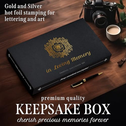 Funeral Guest Book – Black Memorial Guest Book for Funeral, “in Loving Memory” Gold Foil Sign in Book, Photo Slot Cover, 120 Pages, Pen & Stand Included