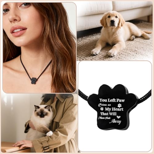 Paw Print Heart Pet Ashes Urn Necklace, Keepsake Pendant-A-Black - style: A-Black