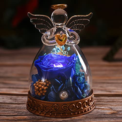 Preserved Real Rose in Glass Angel Figurine with LED Light, Angel Gifts for Women, Mom, Grandma on Mother's Day Christmas Birthday (Navy) - color: Navy Blue
