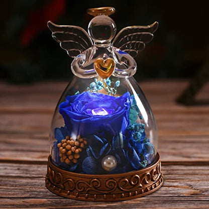 Preserved Real Rose in Glass Angel Figurine with LED Light, Angel Gifts for Women, Mom, Grandma on Mother's Day Christmas Birthday (Navy) - color: Navy Blue