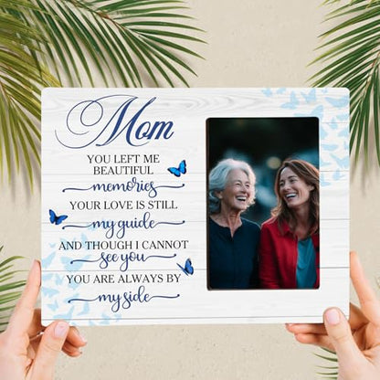 Loss of Mom Memorial Wooden Picture Frame, Always By My Side Sympathy Gifts for Loss of Mother, Fits 4x6 Photo Frame - color: Blue-mom