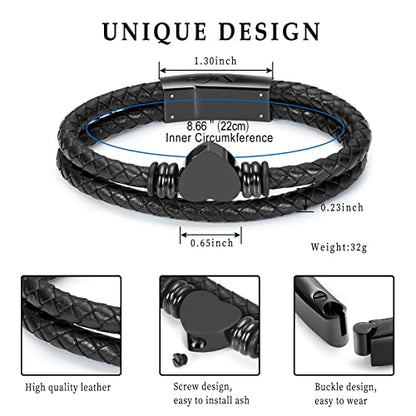 Oinsi Heart Urn Bracelet for Ashes, Cremation Jewelry Leather Bracelets for Men Women, Memorial Jewelry With Filling Kits - color: Black-22cm