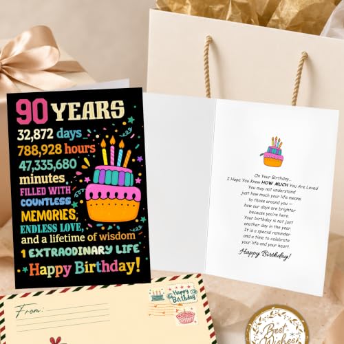 90th Birthday Card, 90th Birthday Card for Women Men with Seal and Envelope, 90 Year Old Birthdayy Cards for Mom Dad Grandma Grandpa from Daughter Son Granddaughter Grandson - color: 90th
