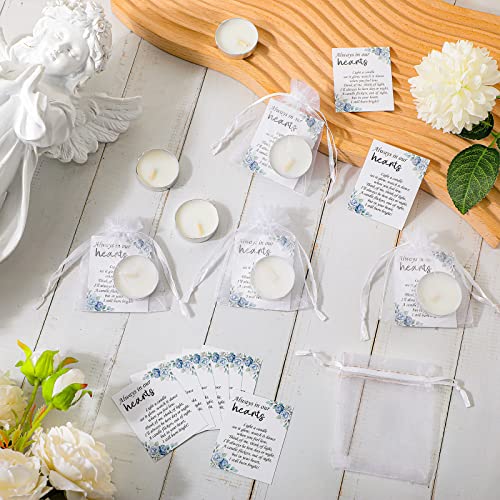 50 Set Funeral Party Favors Memorial White Candles Unscented Funeral Gifts Tealight Candles with Condolence Bereavement Cards and Organza Bags for Guest Celebration of Life Decorations (Elegant) - style: Elegant