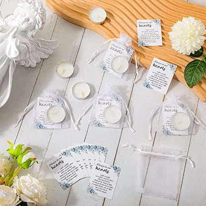 50 Set Funeral Party Favors Memorial White Candles Unscented Funeral Gifts Tealight Candles with Condolence Bereavement Cards and Organza Bags for Guest Celebration of Life Decorations (Elegant) - style: Elegant