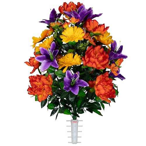 Artificial Cemetery Flowers - Gravesite Flowers - Orange Peonies, Purple Lilies, and Yellow Daisies - size: Bouquet