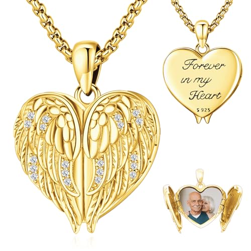 Angel Wings Necklace 925 Sterling Silver Guardian Angel Nurse RN Caduceus Pendant Charm Crystal Angel Jewelry Gifts for Women - style: F-Angel Wings Locket (Gold)