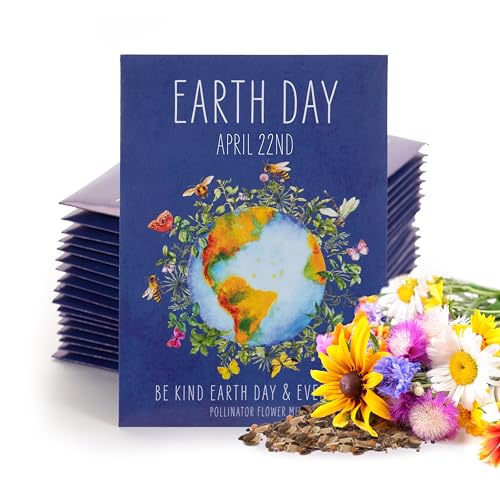 Bentley Seed Co. | Earth Day Planet Pollinator Flowers | Illustrated Bee Butterfly Flower Seed Packets | Environmental Favors for Events | Wildflower Mix Seed | Eco-Friendly Hand Out Gift | 25 Pack - style: Earth Day Planet April 22