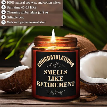 Funny Retirement Gifts for Women Men 2026 - Retired Candle Gift for Friend - Coworker Leaving, Goodbye, Going Away, Farewell - Natural Soy Wax Relaxing Spa Coconut Beach Scented Candle - color: Retirement