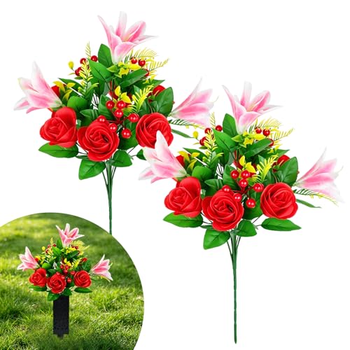 2 Bouquets Artificial Cemetery Flowers - Realistic Grave Flowers Rose Lily Bouquets,Memorial Day Flowers for Cemetery,Outdoor Artificial Flowers for Cemetery Grave,Veterans Day,Independence Day - size: Red
