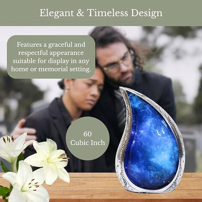 NORSE'S TRADECRAFT Teardrop Urn for Ashes Adult Male & Female with Blue Cosmic Swirl Design | Handcrafted Metal Cremation Urn with Velvet Bag | Memorial Gifts for Funeral - 60 cu in
