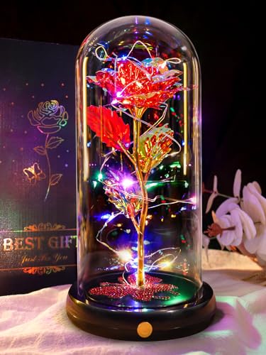 Birthday Gifts for Women Mom USB Galaxy Flower Red Rose in Glass Dome - color: Usb-red